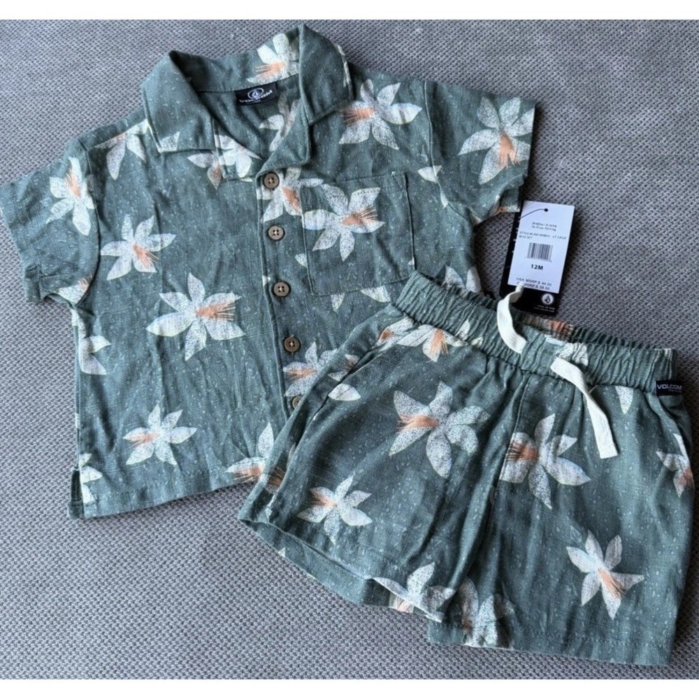 Volcom Boys 2pc Set 12M Tropical Button Shirt Shorts Outfit NWT Beach Summer